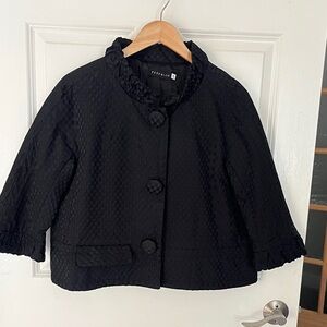 Peserico Italian Black Textured Cropped Swing Blazer with Ruffle Trim Sz 46